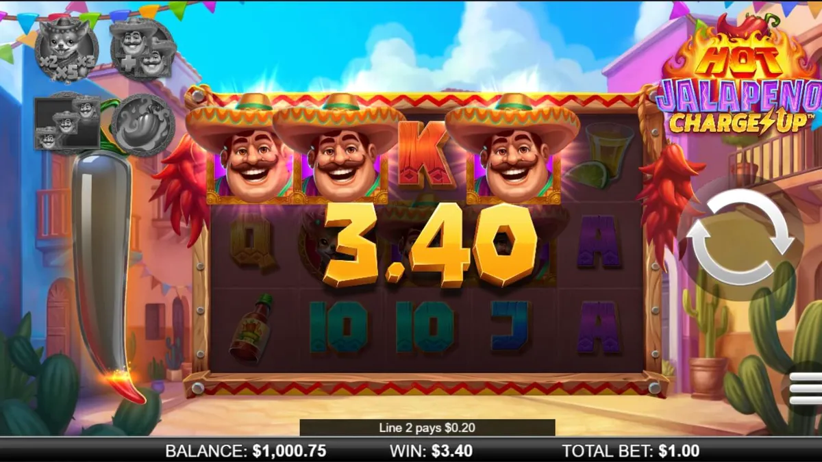 Suasana meriah slot Hot Jalapeño Charge Up dengan dekorasi fiesta Meksiko