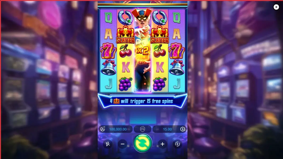 Tampilan visual slot Super Wildrix dengan tema pahlawan super dan neon.