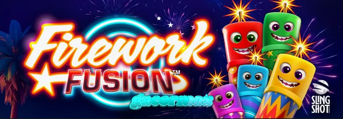 Tampilan visual permainan slot Firework Fusion dengan tema karnaval tepi pantai